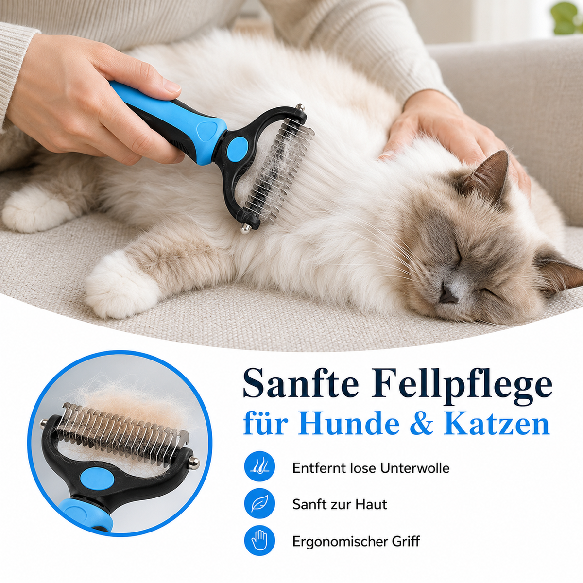 Schwarz-blauer Lorvell Fellpflege-Kamm bei ruhiger Anwendung an einer Katze