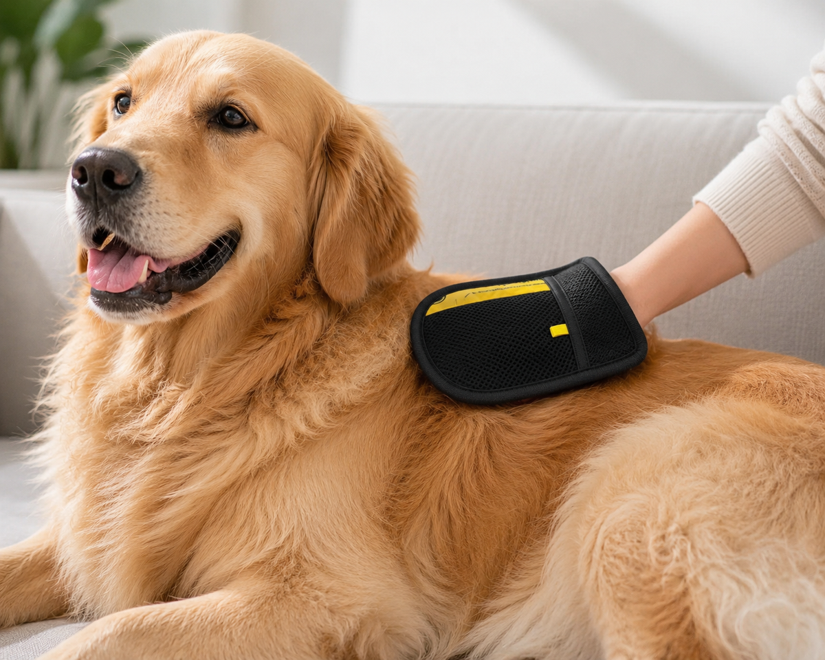 Schwarzer Lorvell Grooming-Pflegehandschuh bei ruhiger Anwendung an einem Hund