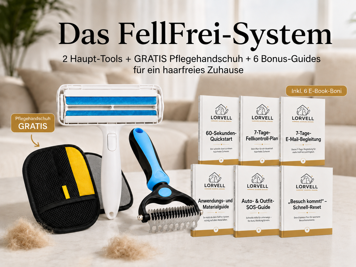 Das Lorvell FellFrei-System: Flächenroller, Fellpflege-Kamm, Grooming-Handschuhe und sechs digitale Guides