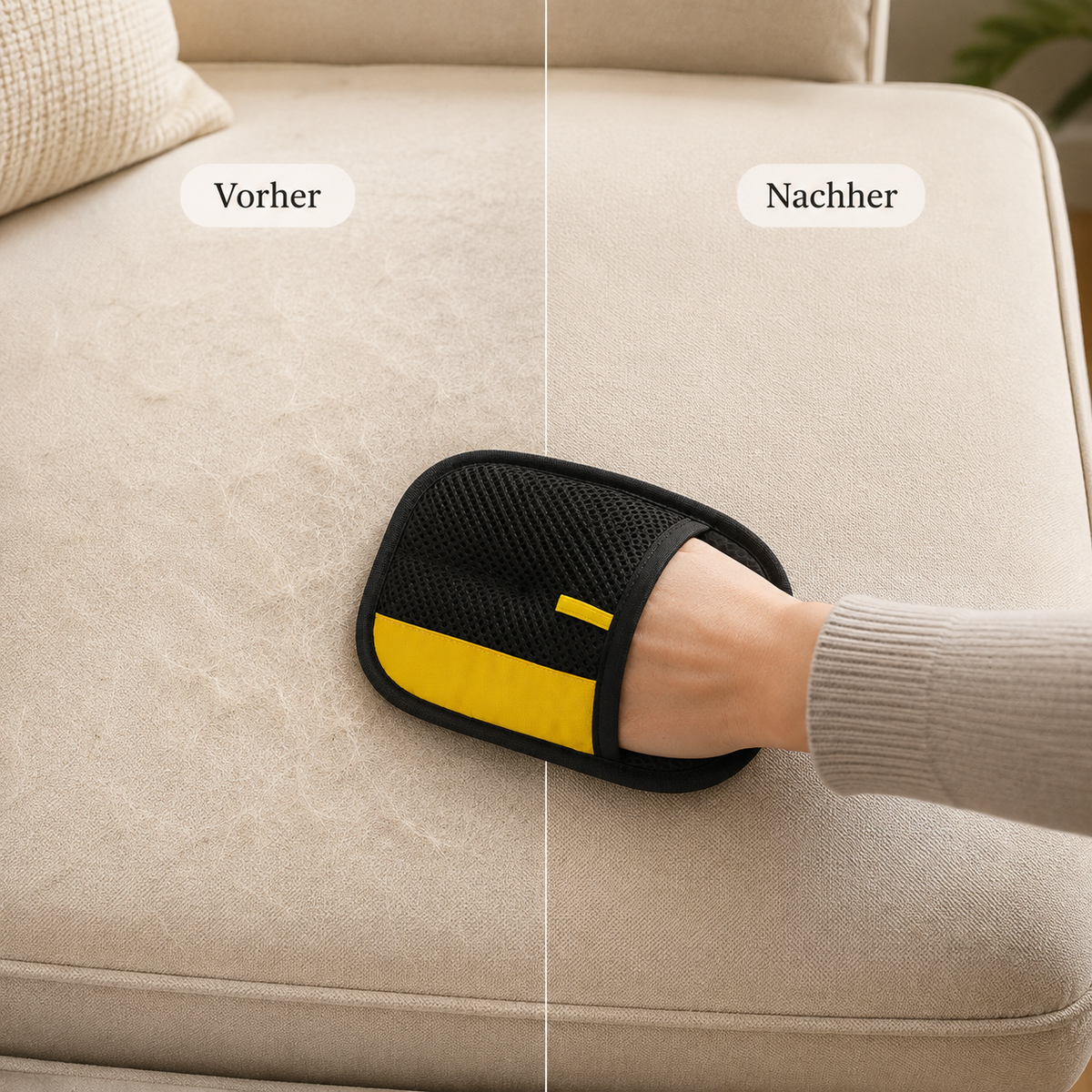 Lorvell Pflegehandschuh auf Sofa – vorher und nachher